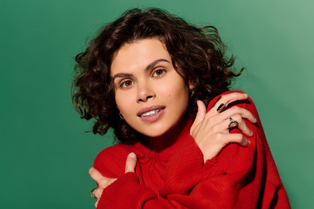 Young woman in a stylish red sweater smiles warmly while posing against a bright green background.