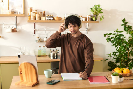 A handsome young man with headphones is focused on note taking at his kitchen desk.の写真素材
