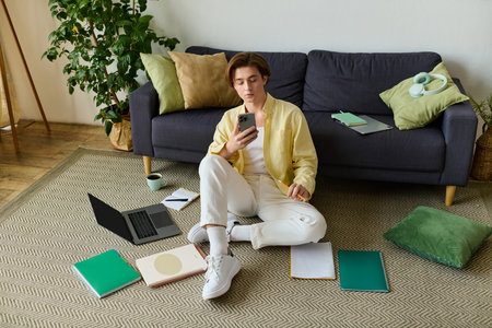 Handsome young man in stylish attire focuses on his smartphone amidst a cozy living space.