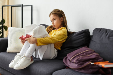 A Gen Alpha girl relaxes at home, playing video games while dressed casually and comfortably.