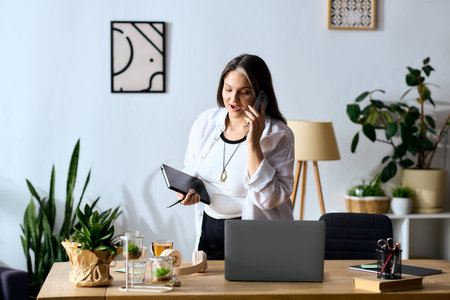 A woman with Waardenburg syndrome talks on the phone while working in her cozy home office.の写真素材