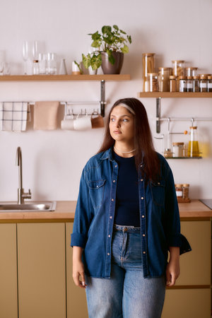 A woman with Waardenburg syndrome showcasing diversity in her living space.の写真素材