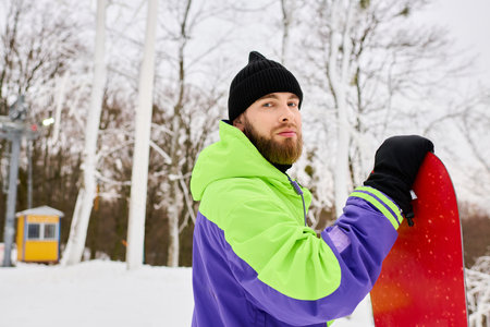 A bearded man in colorful gear is set for thrilling snowboarding on a snowy slope.