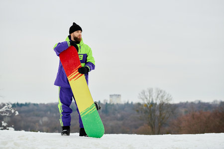 A bearded man stands proudly on a snowy slope with his colorful snowboard, ready for adventure.
