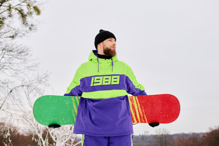 A bearded man stands confidently on a snowy slope, holding a colorful snowboard.