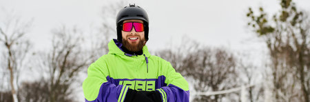 Snowboarder in vibrant outerwear rides down a snowy slope with a fun attitude and cool goggles,...