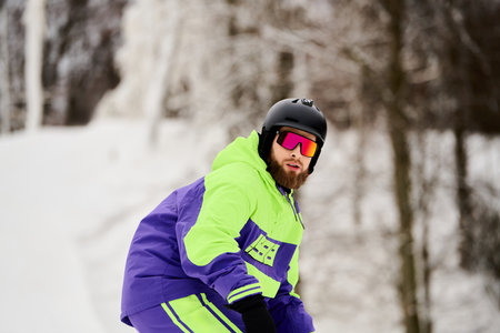 A skilled snowboarder navigates a snowy slope while wearing bright and stylish gear.の写真素材