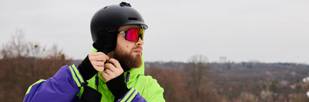 A bearded man confidently adjusting snowboarding helmet, embracing winter sport, banner