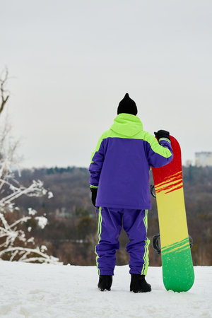 A man in colorful outerwear prepares to snowboard down a snowy slope on a winter day.の写真素材