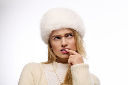 Blonde woman in winter makeup and a knitted outfit poses against a white background.の写真素材