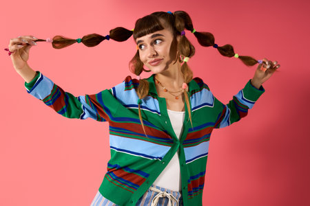 Stylish young woman playfully holds her braided hair with a cheerful expression and colorful outfit.