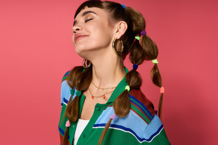 Stylish young woman with playful hair enjoys a moment of bliss in a bright setting.の写真素材
