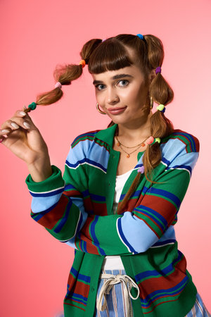 Young woman with playful pigtails showcases her trendy look, radiating confidence and charm.の写真素材