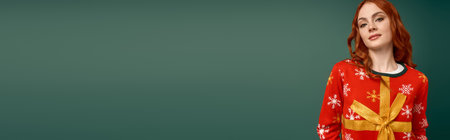 Redhead woman poses cheerfully in a bright Christmas sweater on green backdrop, celebrating winter, bannerの写真素材