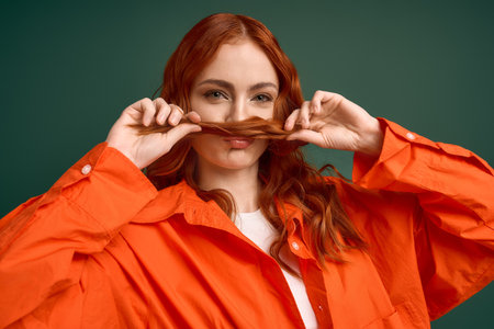 A cheerful young woman with red hair holds her hair up playfully while wearing an orange shirt.の写真素材