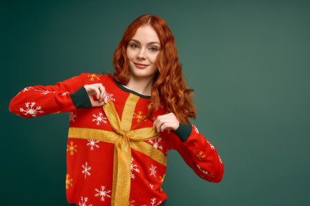 Joyful young woman in a red Christmas sweater with a bow smiles, celebrating winter holidays.の写真素材