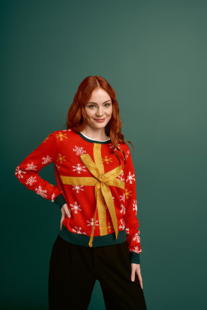 A joyful young redhead poses in a cheerful Christmas sweater on a winter day.の写真素材