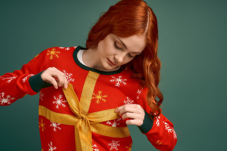Young woman with red hair happily poses in her Christmas sweater, tying a festive bow.の写真素材