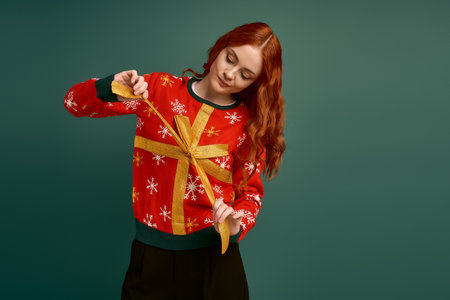Young redhead woman wears a cozy Christmas sweater while showcasing holiday spirit.の写真素材