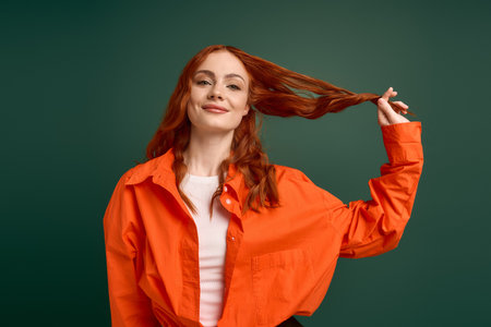 A young woman with stunning red hair playfully pulls her hair while dressed in an orange shirt.の写真素材