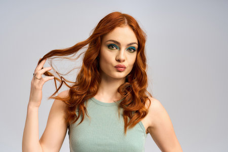 A young woman with striking red hair showcases bold eye makeup while posing elegantly in a studio.の写真素材