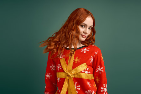 A cheerful redhead shows off her bow-adorned Christmas sweater against a bright green backdrop.の写真素材