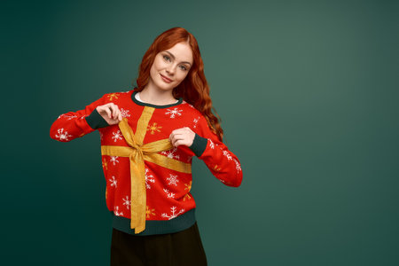 Young woman with red hair poses in a Christmas sweater on a green background, celebrating winter.の写真素材