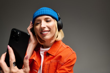 A trendy blonde woman in a blue beanie and orange jacket enjoys listening to music.