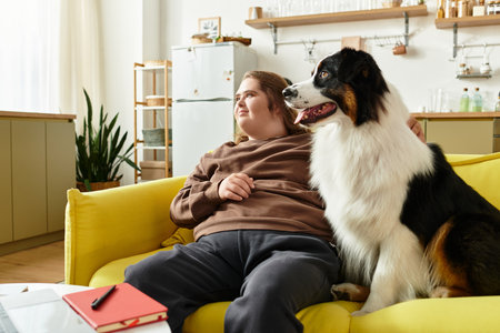 A young woman relaxes with her dog on a yellow couch at home.の写真素材