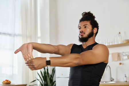 Athletic man stretches at home, showcasing determination and focus during his workout routine.