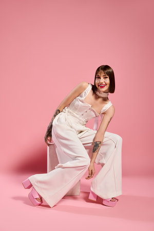 A beautiful young woman in fashionable attire strikes a joyful pose on a pink background.の写真素材