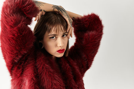 A young woman poses confidently in a stunning red outfit, showcasing her bold style.の写真素材