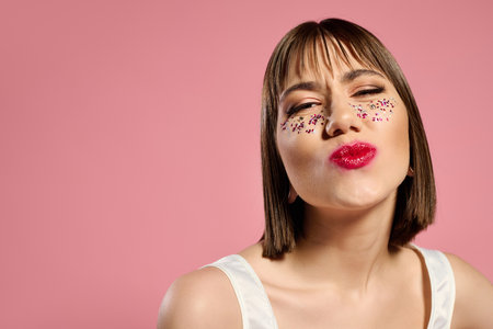 In a bright pink setting, a young woman playfully poses with colorful makeup and stylish attire.の写真素材