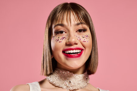 A young woman smiles in a trendy outfit, adorned with colorful face art.