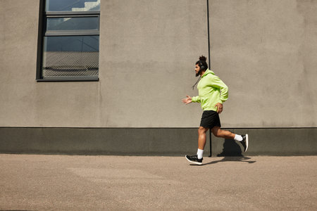 Sportive man with a beard jogs outside in a vibrant green hoodie, enjoying his workout.