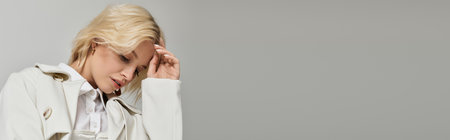 A beautiful young woman showcases a fashionable winter outfit in a minimalist studio, bannerの写真素材