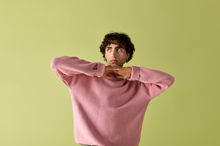 Handsome man showcases his fashion sense in a cozy pink sweater while striking a thoughtful pose.