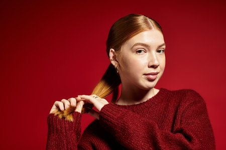 Confident young woman with red hair poses in a stylish winter sweater.