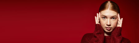A young woman with vibrant red hair poses in a cozy winter sweater on a striking red background, bannerの写真素材