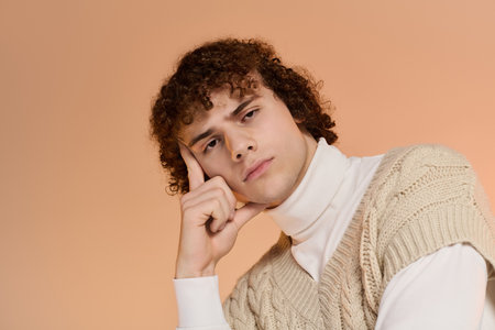 A young boy with curly hair poses thoughtfully in a warm knitted vestの写真素材