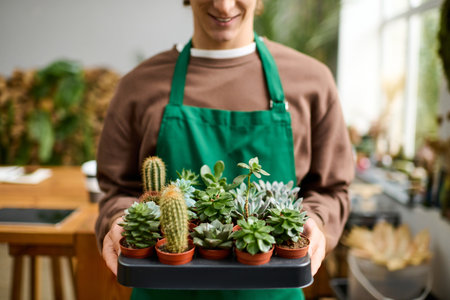 Creative young man stands in a lively shop, proudly presenting a tray filled with green succulents.の写真素材