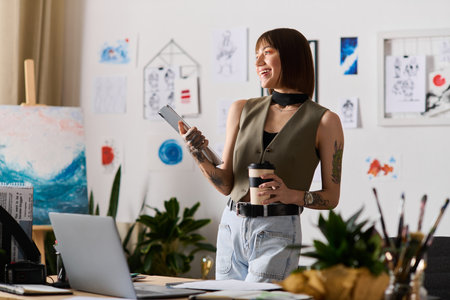 Young woman embraces her creative home environment, engaging with art and inspirationの写真素材