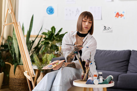 A young woman expresses her creativity at home, painting on a canvas while seated comfortably.の写真素材