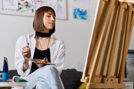 Young woman artist paints on canvas at home, immersed in her creative process and ideas.の写真素材