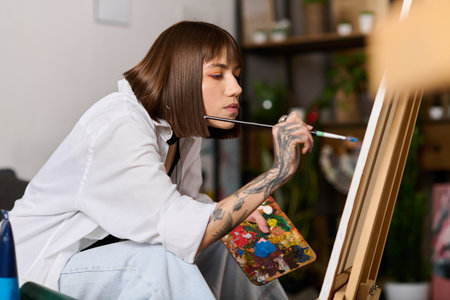 Young artist focuses on her canvas, using vibrant colors while seated at home in a cozy setting.の写真素材