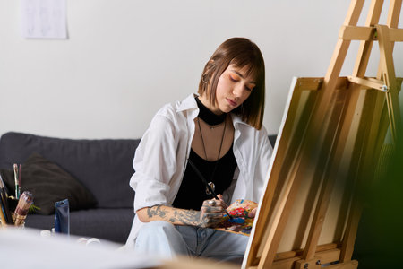 Tattooed young woman finds inspiration painting in her home studio, surrounded by art supplies.の写真素材