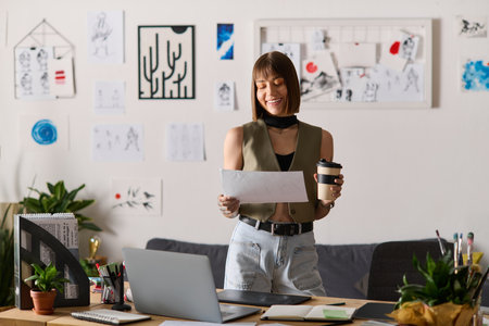 Creative woman smiles as she checks her artwork and holds a warm drink in cozy home space.の写真素材