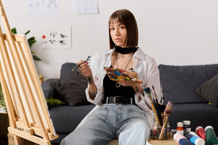Young woman sits comfortably at home, holding a palette and preparing to paint on canvas.の写真素材