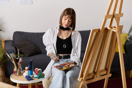 Young artist paints vibrant colors on a palette, surrounded by art supplies.の写真素材