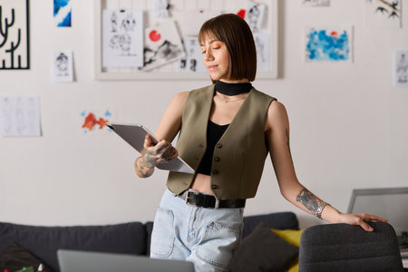 Young woman stands confidently at home, engaging with her creative work on a digital tablet.の写真素材
